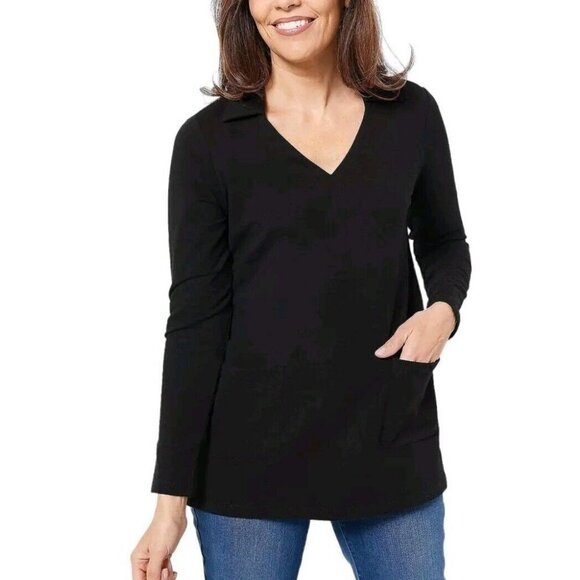 Isaac Mizrahi Live! French Terry V-neck Tunic with Pockets Black ,Medium - Picture 1 of 2